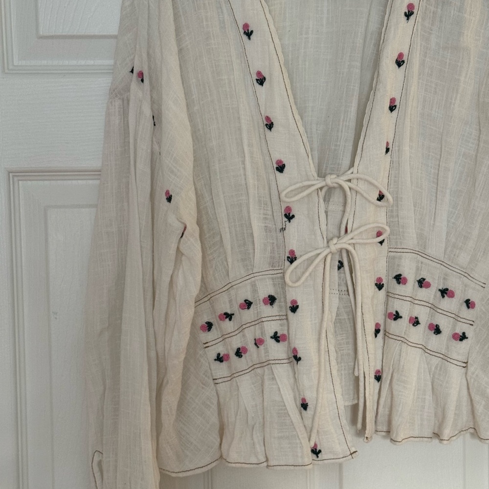 Free People Cream Embroidered Blouse